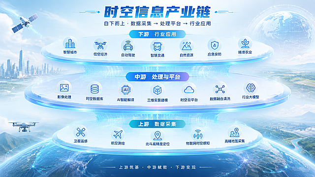 一张色调淡雅、具有科技感的品牌主视觉海报，主题为时空信息产业链全景图，自下而上分为三层递进结构。整体风格为3D渲染科技风，淡雅蓝白青配色，高级留白，版式精美。

画面采用横版自下而上的三层递进式布局，每层用半透明发光的几何平台或流线型分区承载，层与层之间有数据流光线和粒子连接，象征数据流动与价值传递。背景为淡雅的浅蓝到白色渐变，点缀细微的网格线、粒子光点和地球经纬线元素，营造科技感与空间感。

最上层（下游·行业应用）：位于画面上部，标题为"下游 行业应用"，下方以图标+文字形式横向排列七个应用方向：智慧城市、低空经济、自动驾驶、智慧交通、自然资源、应急安防、精准农业。每个方向配简约线性图标。

中间层（中游·处理与平台）：位于画面中部，是产业链核心，视觉上最宽最突出，标题为"中游 处理与平台"，下方以图标+文字形式排列七个核心能力：影像处理、时空数据库、AI智能解译、三维实景建模、时空云平台、数据融合清洗、行业大模型。每个能力配简约线性图标。

最下层（上游·数据采集）：位于画面底部，标题为"上游 数据采集"，下方以图标+文字形式横向排列五个采集方式：卫星遥感、航空测绘、北斗高精度定位、物联网时空感知、高精地图采集。每个方式配简约线性图标。

画面左侧或顶部居中是主标题"时空信息产业链"，大字号加粗，科技感字体。主标题下方是副标题"自下而上 · 数据采集 → 处理平台 → 行业应用"，字号较小。画面底部有装饰小字"上游筑基 · 中游赋能 · 下游变现"。

三层之间有向上流动的光线和数据粒子效果，象征从数据采集到处理再到应用的价值升维。整体色调淡雅，以浅蓝、青白、淡紫为主，点缀少量科技蓝发光线条，高级感十足，信息层级分明，文字清晰可读。

画面中所有信息区域必须填充完整合理的内容，不得出现空白框、空白占位、横线待填写区域、空列表项、空单元格。画面中不需要二维码。

画面中必须完整呈现以下文字信息：
- 主标题："时空信息产业链"
- 副标题："自下而上 · 数据采集 → 处理平台 → 行业应用"
- 上游（数据采集）：卫星遥感、航空测绘、北斗高精度定位、物联网时空感知、高精地图采集
- 中游（处理与平台）：影像处理、时空数据库、AI智能解译、三维实景建模、时空云平台、数据融合清洗、行业大模型
- 下游（行业应用）：智慧城市、低空经济、自动驾驶、智慧交通、自然资源、应急安防、精准农业
- 装饰文案："上游筑基 · 中游赋能 · 下游变现"