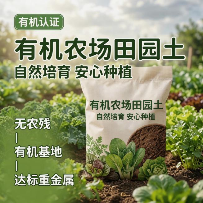 [主图 1] 有机营养种植土首图
[氛围风格] 自然清新有机种植风，阳光自然氛围，真实治愈
[画面元素] 商业摄影质感、光线柔和通透、产品清晰真实、画面干净高级。一袋有机营养种植土居中展示，背景是户外预览效果