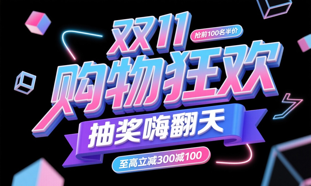 3D立体字设计，主标题“双11购物狂欢”采用蓝色与粉红撞色渐变，字体厚重立体，边缘有白色描边和轻微反光，位于画面上层；副标题“抽奖嗨翻天”置于下层蓝紫渐变材质横幅中，前后叠加形成空间层次。字周围漂浮着预览效果