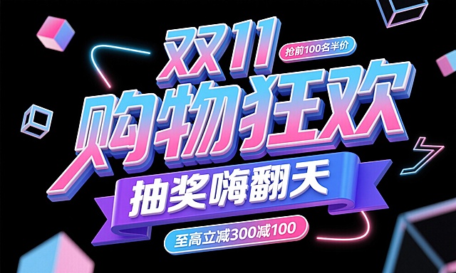 3D立体字设计，主标题“双11购物狂欢”采用蓝色与粉红撞色渐变，字体厚重立体，边缘有白色描边和轻微反光，位于画面上层；副标题“抽奖嗨翻天”置于下层蓝紫渐变材质横幅中，前后叠加形成空间层次。字周围漂浮着几何图形与能量光线，顶部有小标签“抢前100名半价”，底部标签“至高立减300减100”，整体布局平衡饱满，色彩鲜亮，空间层次清晰，背景为纯黑色，画面干净现代、充满节日活力