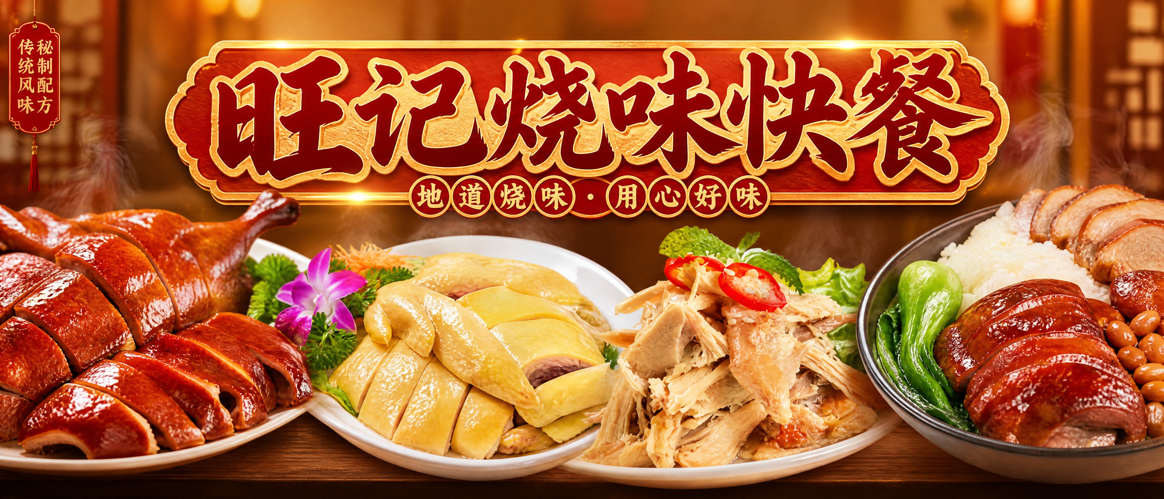 外卖店铺海报设计，1053*264px超宽横版，写实有食欲风格… - 图片创意预览