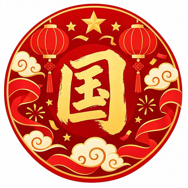 商城节日小图标设计，红色喜庆风格，画面中央是醒目的"国"字书法字体，周围装饰有传统灯笼、祥云纹样、彩带、五角星等节日元素，圆形图标造型，中国传统节日风格，红金配色，扁平化矢量插画风格，简洁大方，适合电商平台使用