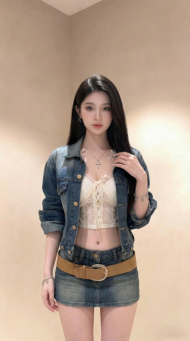 将图一图二的牛仔外套、蕾丝内搭、牛仔短裙穿搭换到图三人物身上，仅换穿搭，去除包包，袖子保持图一的样式，调整人物为模特身材，腰细，身材比例协调自然，生成9:16比例的半身图