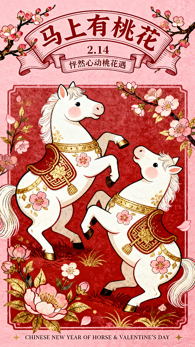以2只胖嘟嘟的白色 唐代小马驹 玩耍的形象作为视觉中心（装饰桃花纹路的金纹和中式马鞍），强动态感构图，搭配桃花、花卉装饰元素。顶部结合桃花枝设计”马上有桃花“的弯曲变形字标题+卷轴样式线框的文案"2.14 怦然心动桃花遇，"底部设精致的小字 “CHINESE NEW YEAR OF HORSE & VALENTINE'S DAY" 。色彩以红、金为主，粉色背景。