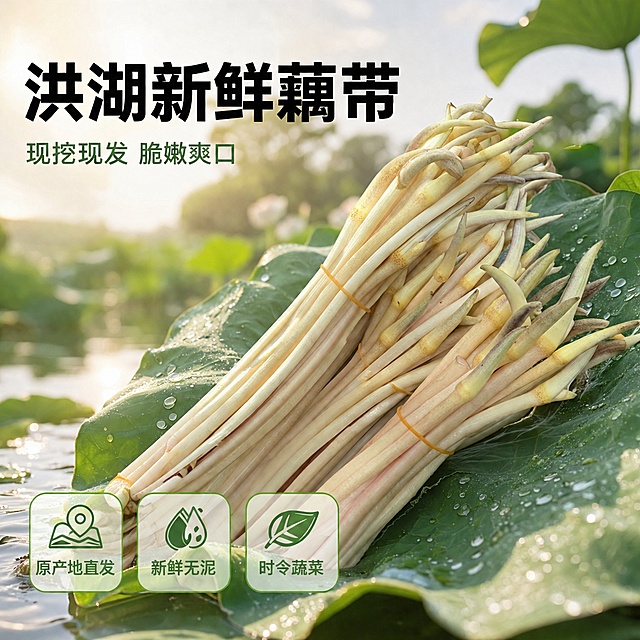 [单张主图] 新鲜现挖藕带淘宝电商主图，采用左文右物场景型高级氛围感构图。画面主体是三捆新鲜藕带，保持藕带外观形状颜色材质与输入图片完全一致，杜绝任何变形和色差，藕带鲜嫩饱满、带着水光湿感，商品主体占画面65%，放置在画面中右侧，承托在清新绿色荷叶上。背景是浅景深虚化的荷塘原产地场景，朦胧自然绿意，衬托出新鲜采摘感。左上角留白放主文案，使用粗黑无衬线字体写"洪湖新鲜藕带"，最大字号；下方小字写"现挖现发 脆嫩爽口"，字号缩小一半，字色深绿清晰不遮挡主体。底部放三个浅绿圆角轻图标，分别标注"原产地直发" "新鲜无泥" "时令蔬菜"，字图标对应文字清晰可读。光影使用自然暖阳逆光，从藕带后方透出，突出藕带通透嫩白质感，光线柔和不生硬，自然阴影层次分明。主色调清新浅绿+藕带米白，辅色黄色藕带绑带点缀，整体干净清爽，突出生鲜食材新鲜食欲感。1:1比例，2K分辨率，文字清晰可辨，超高清商业生鲜摄影质感。负向提示词：变形，文字错乱，产品模糊，背景杂乱，水印，电商平台Logo，色差，过度修饰
