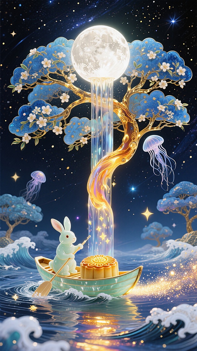 史诗级全景镜头，一棵倒悬的、半透明的宇宙之树，其树干是从中央巨大满月倾泻而下的“月华天瀑”，散发着熔金与月白的光辉。瀑布在下游汇聚成一条蜿蜒的、半透明琥珀色的“蜜糖星河”。一艘玉色贝壳小船航行于星河浪尖，船上有一只发光的玉兔用桂花枝划船，一个莲蓉蛋黄月饼像小太阳般发光，一个星空冰皮月饼在船尾喷射星尘粒子流。星空是深邃的群青色，点缀着星光桂花树和透明水母状的梦境精灵。梦幻奇幻风格，超现实主义，动态感，色彩以深邃蓝、暖黄、白金为主，细节极度精细，辛烷渲染，虚幻引擎5，电影光照。