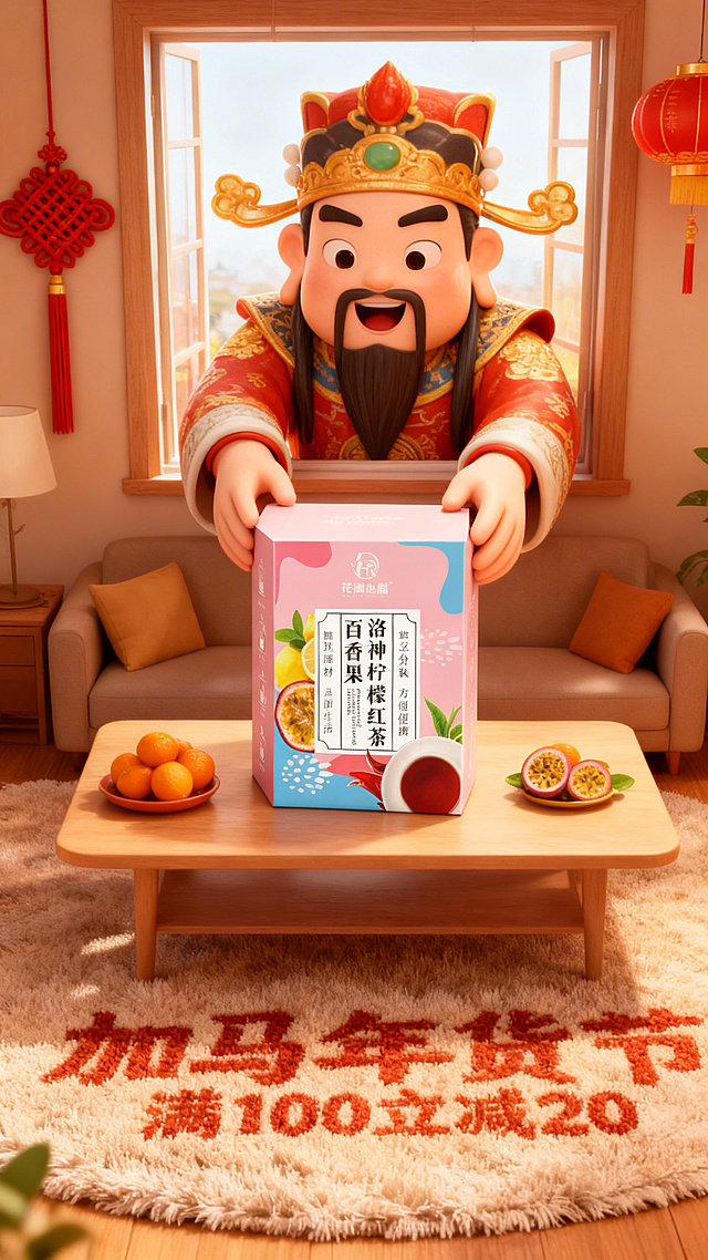 软3D国潮风，卡通财神手持茶礼盒，喜庆氛围浓厚，融合粘土质感与现代促销元素，营造春节年货节的欢乐购物体验。