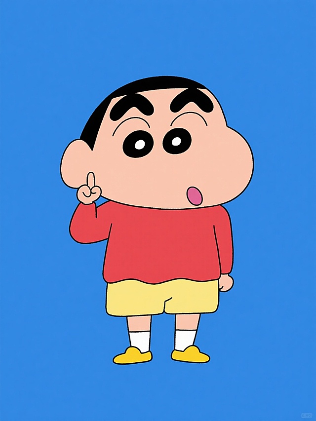 蜡笔小新卡通形象，保持其标志性特征：粗黑短眉毛、黑豆般的大眼睛、圆润的脸庞、微张的嘴巴伸出粉色舌头，右手食指放在脸颊旁，穿着红色上衣和黄色短裤，黄色鞋子配白色袜子，整体采用动画原版的平面卡通风格，线条简洁流畅，色彩鲜明饱和，使用纯蓝色纯色背景，无任何文字、logo和水印，小新站在画面中央，姿态自然生动，展现出调皮可爱的经典表情。