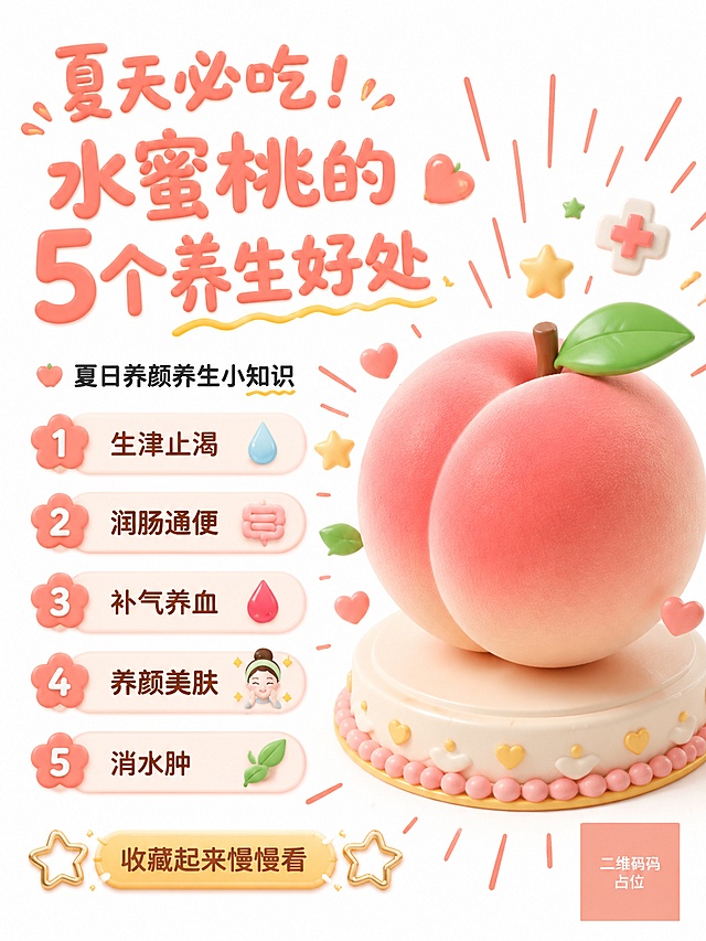 夏日养生桃子主题小红书海报，3D奶油旋转木马风格，纯白底(#FFFFFF)，3D C4D/Blender渲染，磨砂哑光陶瓷质感。画面中央偏右侧放置超大3D水蜜桃模型，粉橘渐变+光滑圆润质感，周围环绕迷你3D元素：小绿叶、小星星、小爱心、小医疗十字。背景用珊瑚橙(#F4A261)放射短线装饰，暖黄(#FFD166)波浪下划线强调关键词。文字采用左文右图布局，左侧占60%，右侧3D桃子占40%。主标题手写圆体："夏天必吃！水蜜桃的5个养生好处"，副标题深炭黑色："夏日养颜养生小知识"。左侧分五条展示卖点：1.生津止渴 2.润肠通便 3.补气养血 4.养颜美肤 5.消水肿。底部CTA小字条："收藏起来慢慢看"，搭配金色空心星星✨装饰。整体温暖精致，年轻活力感，版式精美，画面中所有数字必须精确渲染，不得错位、遗漏或编造。画面中所有二维码区域使用纯色方块占位符呈现，方块中央标注"二维码占位"文字，严禁生成任何可识别的二维码图案。