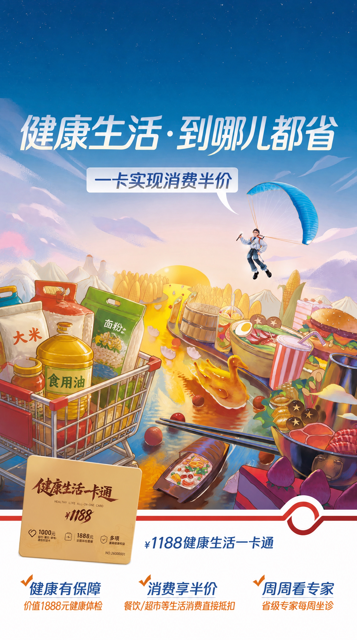 基于参考图进行修改，整体构图、风格、色调、人物、降落伞、食物河… - 图片创意预览