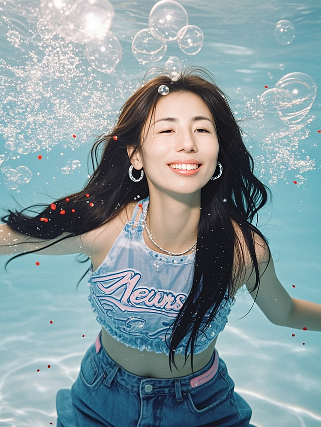长发少女，水下写真，周围少量气泡装饰，正面视角，清透梦幻氛围，商业摄影
