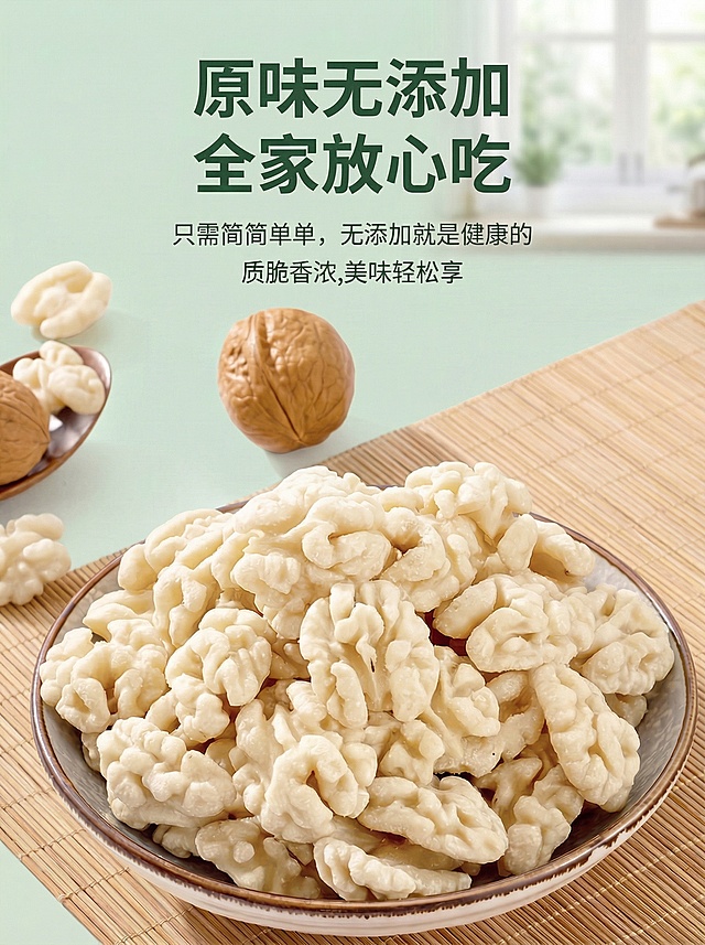 继续将所有核桃仁颜色调得更白，保持修改后的文字“原味无添加 全家放心吃”和所有排版布局不变，尺寸依旧为750×1000像素
