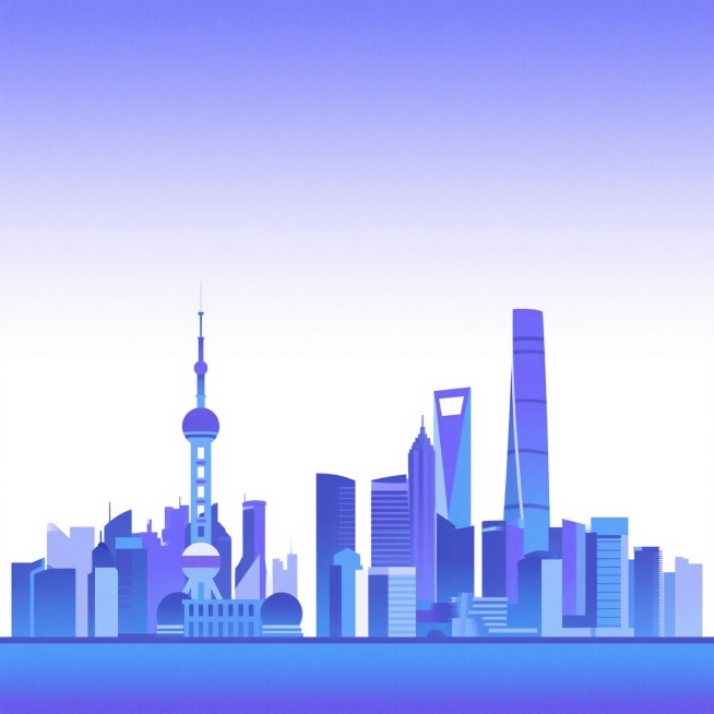 扁平化风格的上海城市天际线插画，以蓝紫色渐变为主色调，整体呈现出简洁明快的视觉效果。画面中清晰可见东方明珠电视塔、上海中心大厦、环球金融中心等标志性建筑，它们以整齐的横向排列构成城市轮廓。建筑设计采用简约的几何形状，线条流畅，无明显透视和立体阴影，仅通过不同深浅的蓝色块面区分建筑层次。天空部分为纯净的白色背景，突出建筑主体，整体构图均衡对称，展现出上海作为国际化大都市的现代感与秩序感，传递出时……预览效果