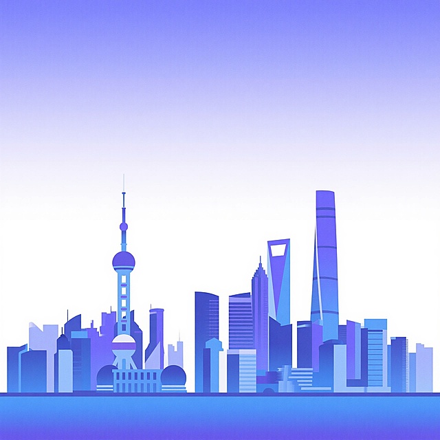 扁平化风格的上海城市天际线插画，以蓝紫色渐变为主色调，整体呈现出简洁明快的视觉效果。画面中清晰可见东方明珠电视塔、上海中心大厦、环球金融中心等标志性建筑，它们以整齐的横向排列构成城市轮廓。建筑设计采用简约的几何形状，线条流畅，无明显透视和立体阴影，仅通过不同深浅的蓝色块面区分建筑层次。天空部分为纯净的白色背景，突出建筑主体，整体构图均衡对称，展现出上海作为国际化大都市的现代感与秩序感，传递出时尚、专业且充满活力的城市氛围。