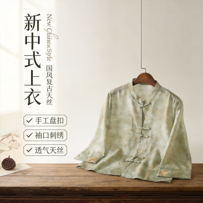 [单张主图] 新中式上衣，高级氛围感主图，打造国风复古淘宝主图。
[画面主体] 保持这件淡绿色扎染新中式上衣的外观（版型、传统盘扣、袖口刺绣、颜色暗纹材质）与输入产品图绝对一致，杜绝任何变形和色差，精预览效果