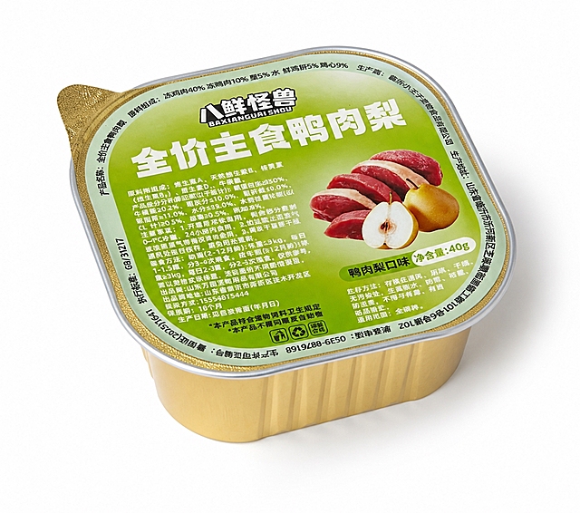 参考图1的八鲜怪兽全价主食鸭肉梨绿色包装设计风格，将浅绿色圆形包装标签应用到图2的金色方形圆角铝箔餐盒顶部封膜上，斜45度俯视视角，可以看到盒盖和部分盒身，金色铝箔盒带有左上角撕拉耳，盒身有竖向纹理，白色纯净背景，专业商业产品摄影，高清精致，金属质感，光影细腻