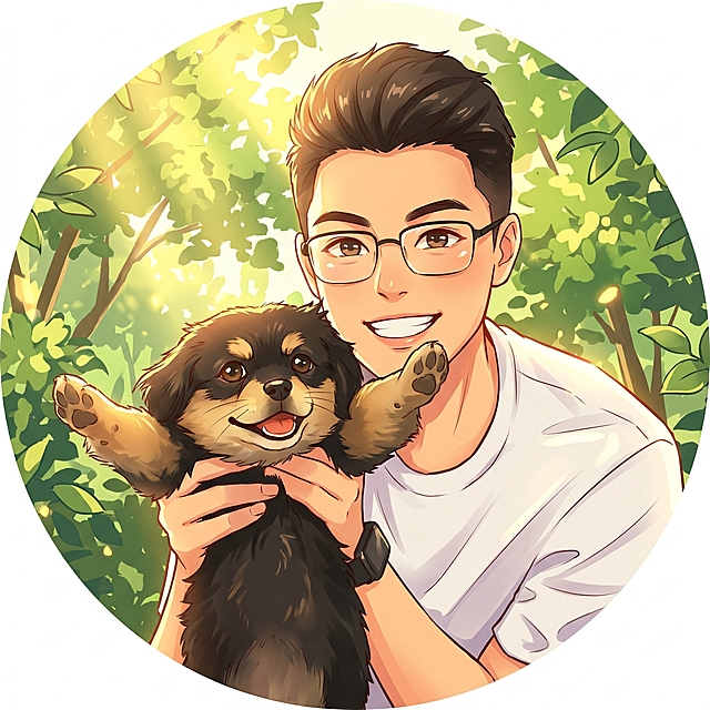 将图片转为漫画风格，保持人物和小狗主体不变，青春阳光，不幼稚，生成适合做情侣头像的漫画