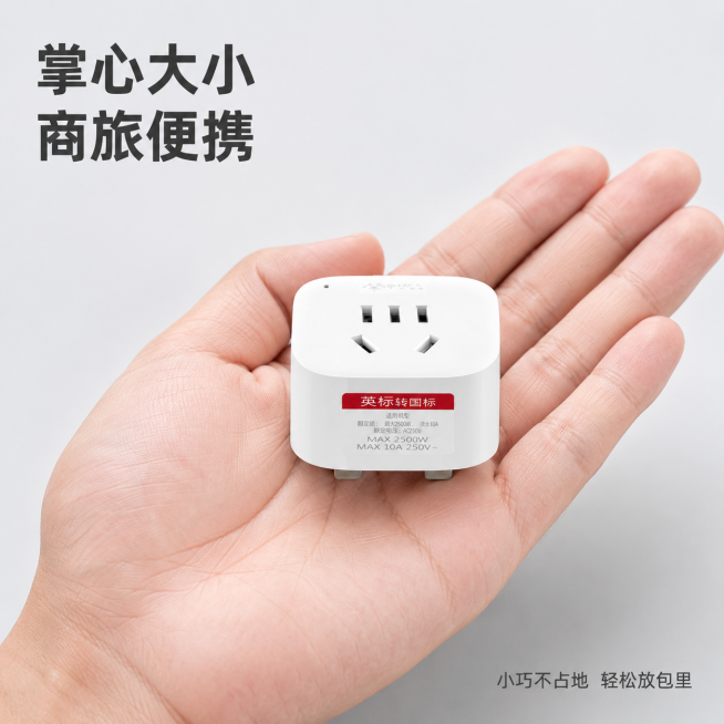 [主图-4] 转换插头便携特性展示
[氛围风格] 简约生活化场景，突出小巧便携
[画质] 商业摄影质感、光线柔和通透、产品清晰真实、画面干净高级
[元素] 转换插头放置在成年男性手掌中展示，突出产品小预览效果