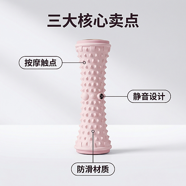 [主图 2] 核心卖点展示图
[氛围风格] 专业质感，干净清晰，突出产品功能特性。
[画面元素] 商业摄影质感、光线柔和通透、产品清晰真实、画面干净高级。粉色静音脚底按摩滚轮位于画面中心，周围用引线连接标注产品核心卖点：凸起颗粒连接到"按摩触点"，静音滚轮结构连接到"静音设计"，防滑外壳连接到"防滑材质"，保持产品整体清晰展示，背景干净明亮。
[配色色系] 主色调：产品粉色；辅助色：浅灰背景，深色文字；整体简洁干净。
[视角构图] 平视中心构图，突出产品和标注。
[文字版式] 产品居中，四个核心卖点标签以错落胶囊形环绕产品，深色文字配浅色底框，文字醒目不遮挡产品主体。顶部标题 "三大核心卖点" 居中，字号略大。
[比例分辨率] 1:1 比例，2k 分辨率；文字清晰可辨，超高清。
[负向提示词]变形，水印，文字错乱，产品图模糊，背景杂乱，配色刺眼，遮挡主体