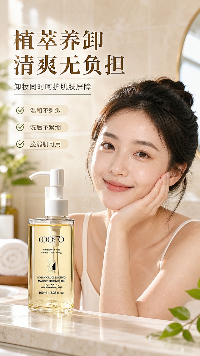 [商品] 使用【图1】COOSTO植萃净澈卸妆油；保留透明圆柱瓶身、白色泵头、金黄色油体、瓶身COOSTO Logo及所有文字；产品结构比例不变。
[画面] 真人效果展示；亚洲女性模特半身出镜，肌肤清爽透亮，面带自然微笑，手轻轻托着脸颊，展示卸妆后清爽状态；产品瓶身放在模特右前方台面上；背景为浴室/梳妆台场景，浅米色瓷砖+柔和自然光，有绿植点缀；整体氛围清新自然，真实有代入感；模特为25-30岁亚洲女性，干净裸妆感，肌肤状态好。
[视觉] 套系策略：风格=美妆个护高级商业摄影风，植萃天然感；标题字=现代简约衬线粗体，优雅大气；正文字=简洁无衬线体，清晰易读；主色=暖金色+米白色；背景延展=基于暖金与米白做深浅渐变、同色系层次、植物纹理和水光质感；强调色=橄榄绿，仅用于小面积图标、引线和标签点缀；标题色=深棕金色；正文色=暖灰棕色；组件=圆角浅金信息卡、细线引线、胶囊形标签；光影=窗边自然光，柔和侧逆光，人物发丝有金边，肌肤通透有光泽。
[文字] 左上角主标题"植萃养卸 清爽无负担"，副标题"卸妆同时呵护肌肤屏障"；下方3个短卖点："温和不刺激"、"洗后不紧绷"、"脆弱肌可用"，每条配小对勾图标；文字不遮挡模特脸部和产品主体，全部横排，字号手机端可读。
[规格] 图片比例9:16竖版，4K，负向提示：避免变形、错字、文字过小、医疗功效表述、绝对化用语、欧美面孔、产品颜色改变、过度磨皮失真。