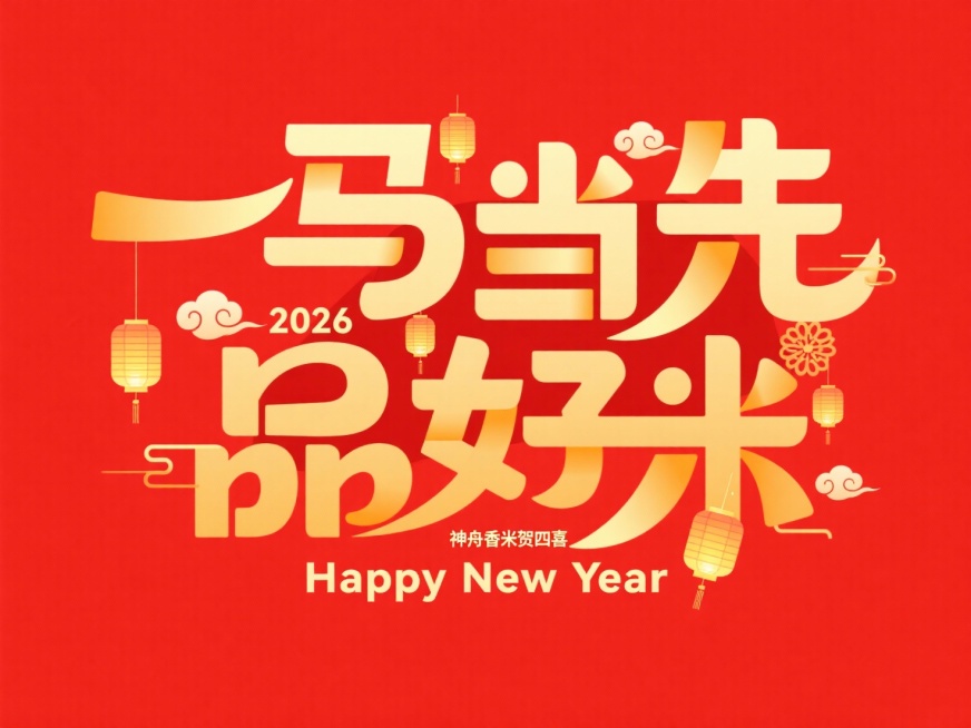 金色艺术字“一马当先品好米，神舟香米贺四喜”，字体里融入了小灯笼、祥云等传统吉祥装饰，同时嵌入“2026”，下方配有英文 “Happy New Year”，红色背景预览效果