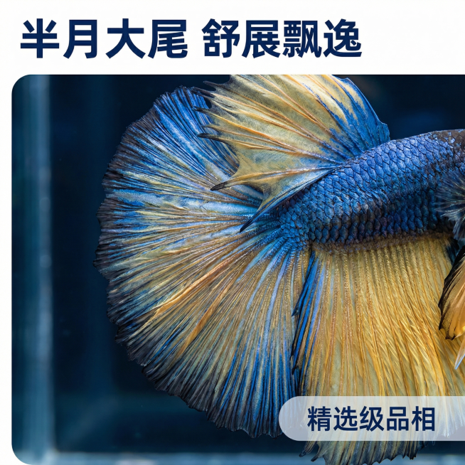 [主图 2]
[主图主题] 泰国斗鱼尾鳍细节特写
[氛围/风格] 微距特写，质感高级，光影柔和突出纹理
[画面元素] 斗鱼的半月大尾鳍占据画面主要位置，保持原图片的尾鳍颜色和纹理完全不变；浅景深虚化背预览效果