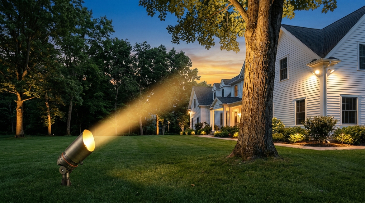 真实商业摄影风格：户外低压射灯（青铜拉丝+金内壁+橙圈，高约4英寸）置于草坪前景，**与粗大树干间隔约2米以上**，光束向上斜照树干中段及树冠下部。背景为日落傍晚的美式白色别墅前院，树木杂乱近屋，草坪预览效果