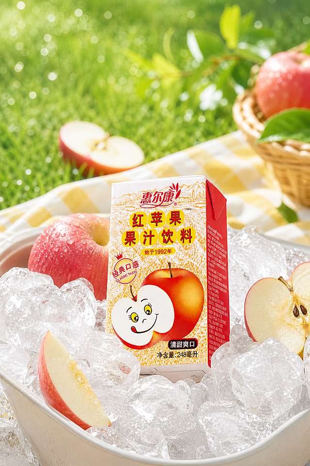 惠尔康红苹果果汁饮料电商海报，保持参考图清爽夏日冰爽户外的风格，将包装盒放在冰块中，搭配新鲜苹果切片，背景为绿色户外草地，构图与参考图不同，突出产品清凉清甜的特点