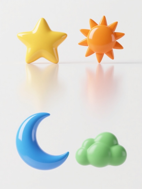 一组4个完全不同元素的系列素材集合，保持高光泽立体风格，纯色白色背景，规整排布。第一个元素是黄色立体星星，表面光滑有高光和渐变效果；第二个元素是橙色立体太阳，圆形，带有放射状光芒，同样有高光泽质感；第三个元素是蓝色立体月亮，弯月形状，表面光滑有反光；第四个元素是绿色立体云朵，蓬松的云朵造型，保持一致的立体光泽感。所有元素大小相近，排列整齐，形成统一的系列感。预览效果