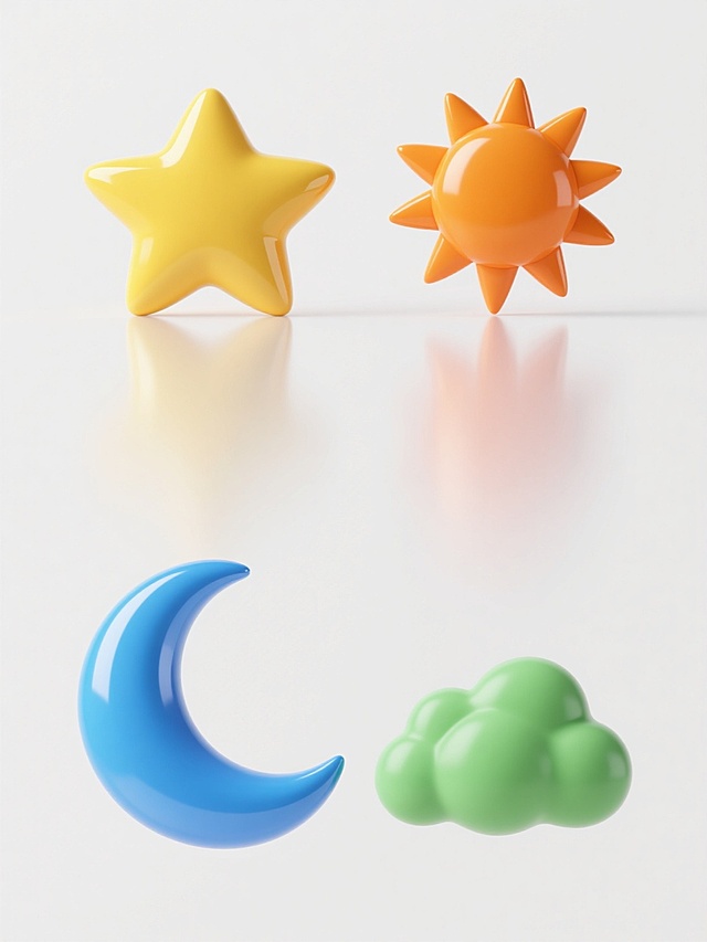 一组4个完全不同元素的系列素材集合，保持高光泽立体风格，纯色白色背景，规整排布。第一个元素是黄色立体星星，表面光滑有高光和渐变效果；第二个元素是橙色立体太阳，圆形，带有放射状光芒，同样有高光泽质感；第三个元素是蓝色立体月亮，弯月形状，表面光滑有反光；第四个元素是绿色立体云朵，蓬松的云朵造型，保持一致的立体光泽感。所有元素大小相近，排列整齐，形成统一的系列感。