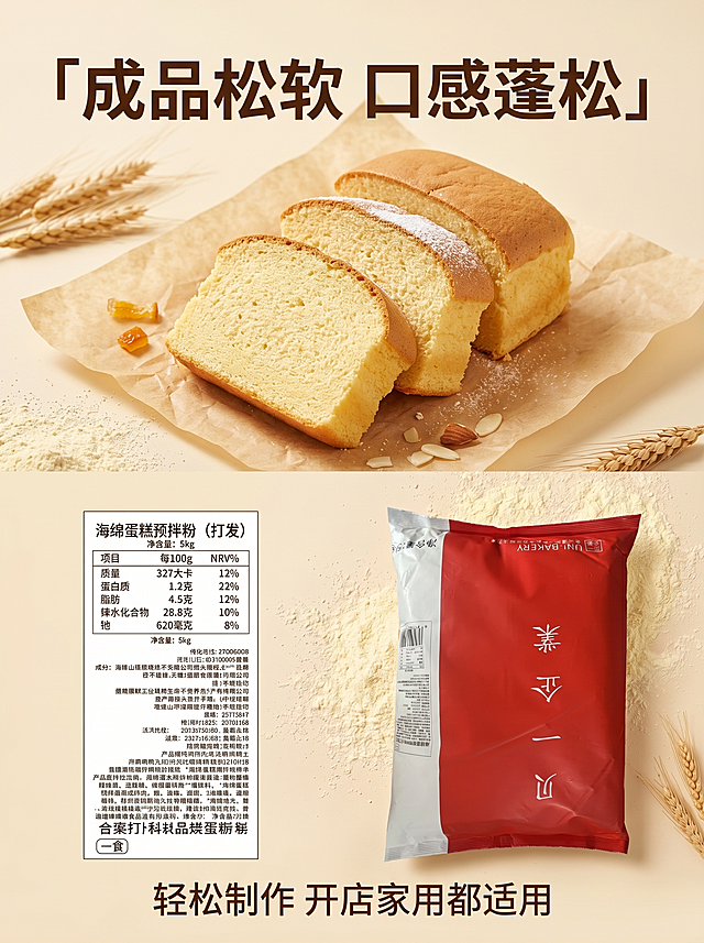 [第6屏] 烘焙成品应用展示-贝一打发型海绵蛋糕预拌粉应用场景展示。
[氛围/风格] 食欲感满满的烘焙场景，温馨治愈，真实诱人，商业美食摄影质感。
[元素布局] 画面上半部分展示做好的海绵蛋糕成品切片，放在烘焙油纸上面，色泽金黄松软诱人。下半部分摆放未开封的贝一预拌粉包装袋，保持产品外观颜色文字与【图1】一致，整体搭配散落小麦粉装饰，丰富画面。
[光影质感] 自然柔和侧光，突出蛋糕松软质感，光影通透，食欲感强。
[配色色系] 全局底色 #f8f0e3；主色蛋糕金黄色，预拌粉红色，点缀小麦浅黄，整体暖调温馨。
[视角构图] 俯视平拍，整体布局上下分，上成品下产品，清晰展示应用效果。
[文字版式] 使用思源字体，顶部主标题「成品松软 口感蓬松」，深棕色粗体；底部小字说明「轻松制作 开店家用都适用」，文字清晰不遮挡主体。
[比例分辨率] 3:4竖版比例，2K分辨率，高清画质。
[负向提示词] 产品变形，文字错乱，蛋糕看起来不新鲜，水印，电商平台Logo。