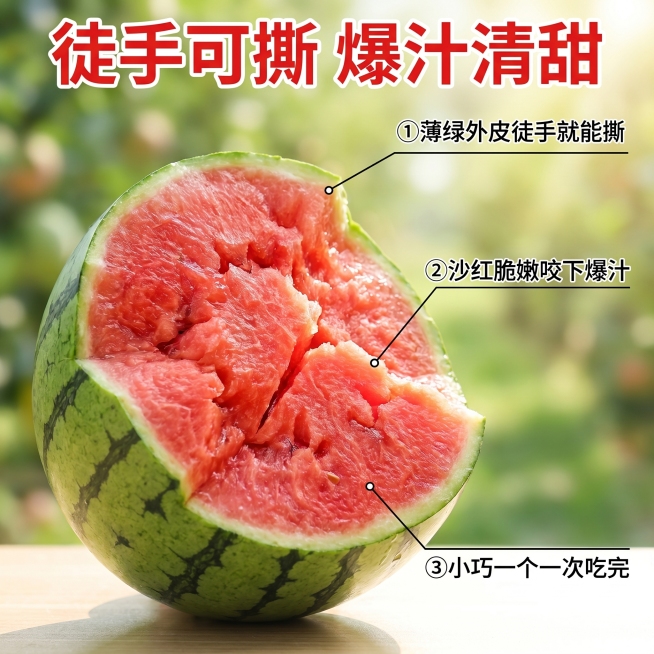 [主图-2] 2K手撕小糖丸西瓜核心卖点展示主图，拼多多风格，信息直白清晰。[氛围风格] 新鲜真实生鲜质感，食欲感满满。[画质] 商业摄影质感、光线柔和通透、产品清晰真实、画面干净高级。[元素] 中心预览效果