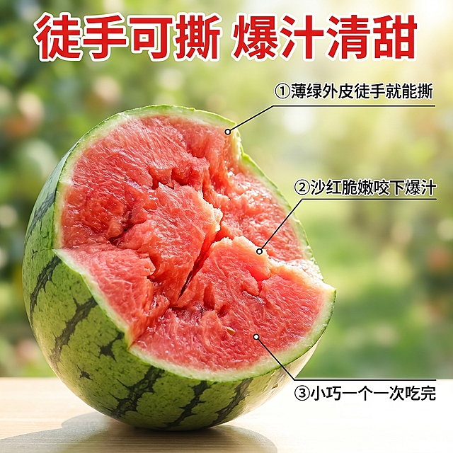 [主图-2] 2K手撕小糖丸西瓜核心卖点展示主图，拼多多风格，信息直白清晰。[氛围风格] 新鲜真实生鲜质感，食欲感满满。[画质] 商业摄影质感、光线柔和通透、产品清晰真实、画面干净高级。[元素] 中心放置切开的手撕小糖丸西瓜，展示沙红脆嫩爆汁的瓜瓤，使用极细引线标注三个核心卖点：薄外皮、沙红肉、小果型，保持西瓜外观与输入产品图绝对一致，杜绝任何变形和色差。商品主体占比严格控制在60%-80%，画面满屏无边框，背景浅绿果园虚化处理。[光影] 自然暖阳逆光，穿透果肉凸显水润质感，纹理清晰，光影层次自然。[配色] 主色果肉红+瓜皮绿，背景浅绿，引线黑色，文字白色清晰对比。[视角构图] 平视特写构图，产品居中主体突出。[文字版式] 顶部主标题大字“徒手可撕 爆汁清甜”红色粗体，引线对应标注卖点：「①薄绿外皮徒手就能撕」「②沙红脆嫩咬下爆汁」「③小巧一个一次吃完」，文字小而清晰，不遮挡主体，保持安全边距。[比例分辨率] 1:1比例，2k分辨率，文字清晰可辨，超高清。[负向提示词] 变形，水印，文字错乱，产品图模糊，背景杂乱，配色刺眼，遮挡主体，绝对化违禁词。
