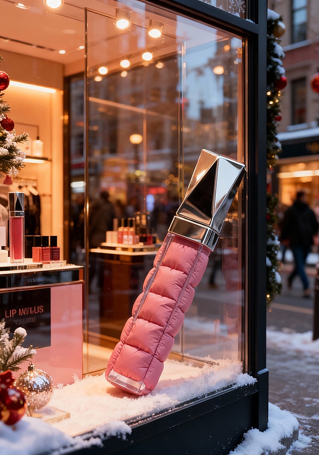 将图示商品变成充气羽绒质感，还原商品颜色、文字、图案细节。冬日步行街商品橱窗场景