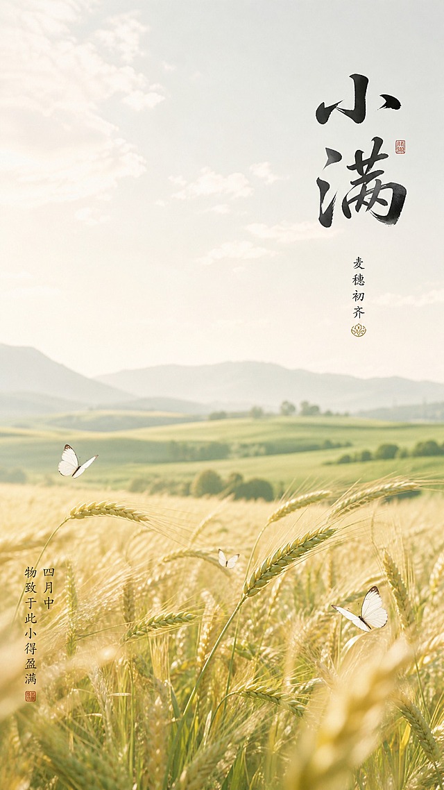 新中式二十四节气之小满海报，竖版9:16，实景摄影底图，大面积留白，简约清新淡雅国风意境。画面主体：初夏麦田，金黄色的麦穗在微风中轻轻摇曳，饱满的麦粒泛着光泽，远景是淡绿色的田野和朦胧的山丘，天空飘着薄云，阳光柔和温暖，几只白色蝴蝶在麦田间飞舞。大面积留白区域用于文字排版。文字排版：画面右上区域竖排书法大字「小满」，毛笔书法字体，墨色浓淡有致；下方小字副标题「麦穗初齐」，小楷字体；左下角点缀小楷节气小字「四月中  物致于此小得盈满」。整体色调：麦黄、浅绿、米白、淡金，低饱和度淡雅配色。风格：新中式留白意境，实景摄影质感，东方美学，禅意，构图空灵，版式精美，超高清画质。画面中所有信息区域必须填充完整合理的内容，不得出现空白框或待填写区域。