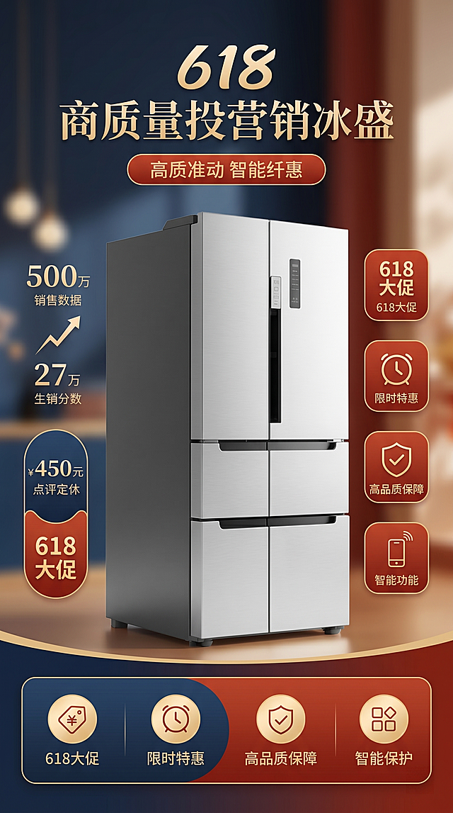 618商业营销海报，包含这款冰箱商品，搭配精简的信息图元素，高质感配色，f/2.8柔和景深，照片写实风格，无畸变，618促销氛围