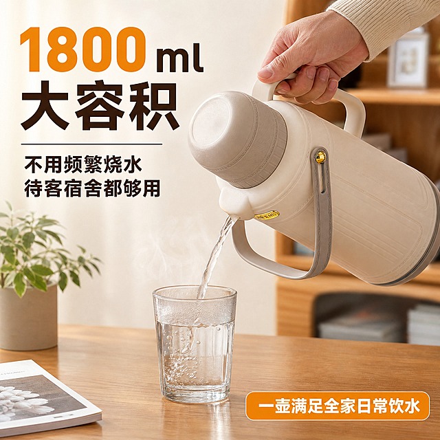 [主图-5] 主题：1800ml大容积 不用频繁烧水 待客宿舍都够用。唯一任务：真实使用场景展示，居家桌面场景，体现大容量实用性。
[统一基调] 拼多多风格，真实接地气，大字直白，信息布局清晰，文案精简放大加粗，文字少而精。背景简洁，产品占据画面很大位置。整体配色：暖米色浅渐变背景，深棕色主标题字，橙黄色强调色，白色辅助字。字体为粗黑体，字号层级分明。
[画面] 真实家居场景，福呈保温壶（燕麦白色）放置在木质桌面上，占画面主体约60%。旁边有一个透明玻璃杯，正在倒水的动作（壶嘴倾斜，有水流和热气），体现使用状态。背景是模糊的温馨家居环境（浅色墙面、书架一角），景深效果突出产品。桌面有简单的小物件如一本书、一盆小绿植点缀。产品外观与输入图一致：燕麦白复古造型，金色铭牌，提手背带。
[光影质感] 真实自然光摄影质感，温暖柔和的室内光线，从窗户方向照射，产品有自然高光和阴影，桌面倒影真实，场景温馨有生活气息。
[配色] 温暖的家居色调，木色桌面，浅色背景墙，燕麦白产品，整体温馨自然。标题文字深棕色，数字强调用橙黄色。
[文字版式] 左上角大标题"1800ml 大容积"，下方小字"不用频繁烧水 待客宿舍都够用"。右下角有一个小标签"一壶满足全家日常饮水"。文字全部横排，粗黑体，放在负空间不遮挡产品。
[输出要求] 比例1:1，2048*2048，文字清晰无错字，产品清晰不变形，场景真实自然，倒水动作合理，无水印无平台Logo，无多余杂物。