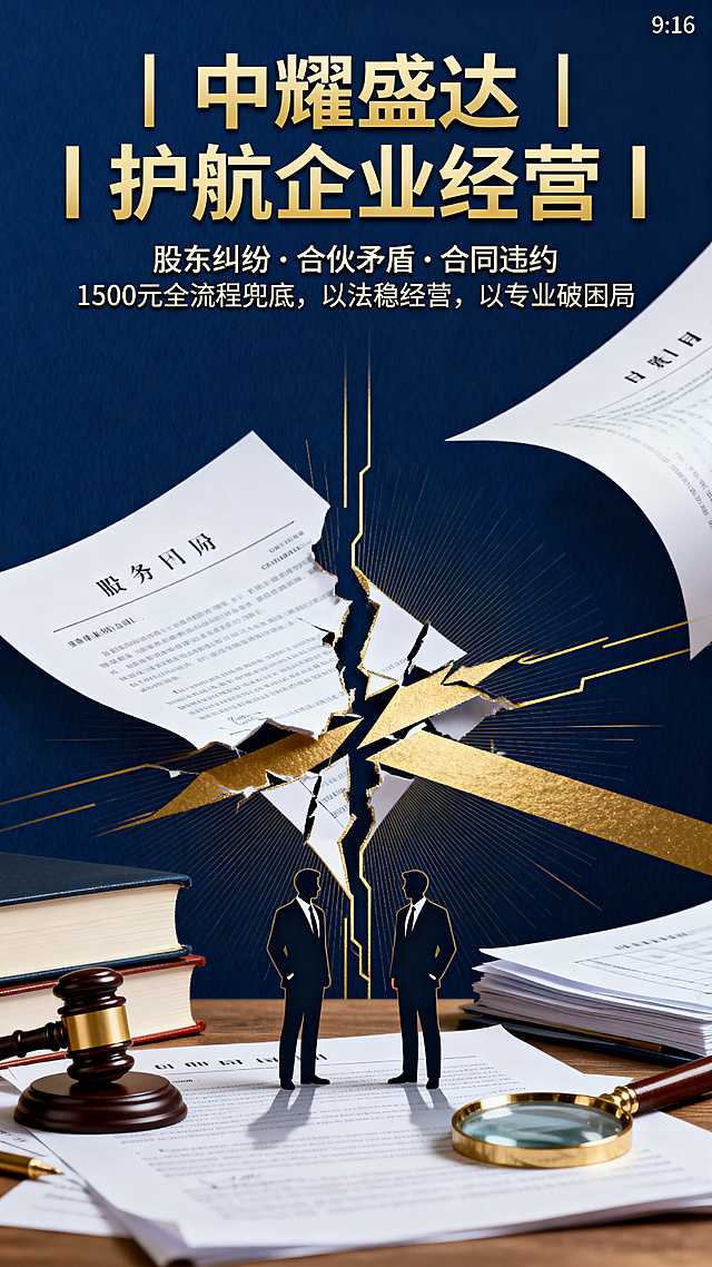 设计一张9:16的法律服务宣传海报，图文结合。主标题文字"中耀盛达 | 护航企业经营"，副标题文字"股东纠纷·合伙矛盾·合同违约 1500元全流程兜底，以法稳经营，以专业破困局"，画面体现法律纠纷和商业矛盾的冲突感，专业沉稳的商务风格，深蓝搭配金色的配色，整体正式大气。