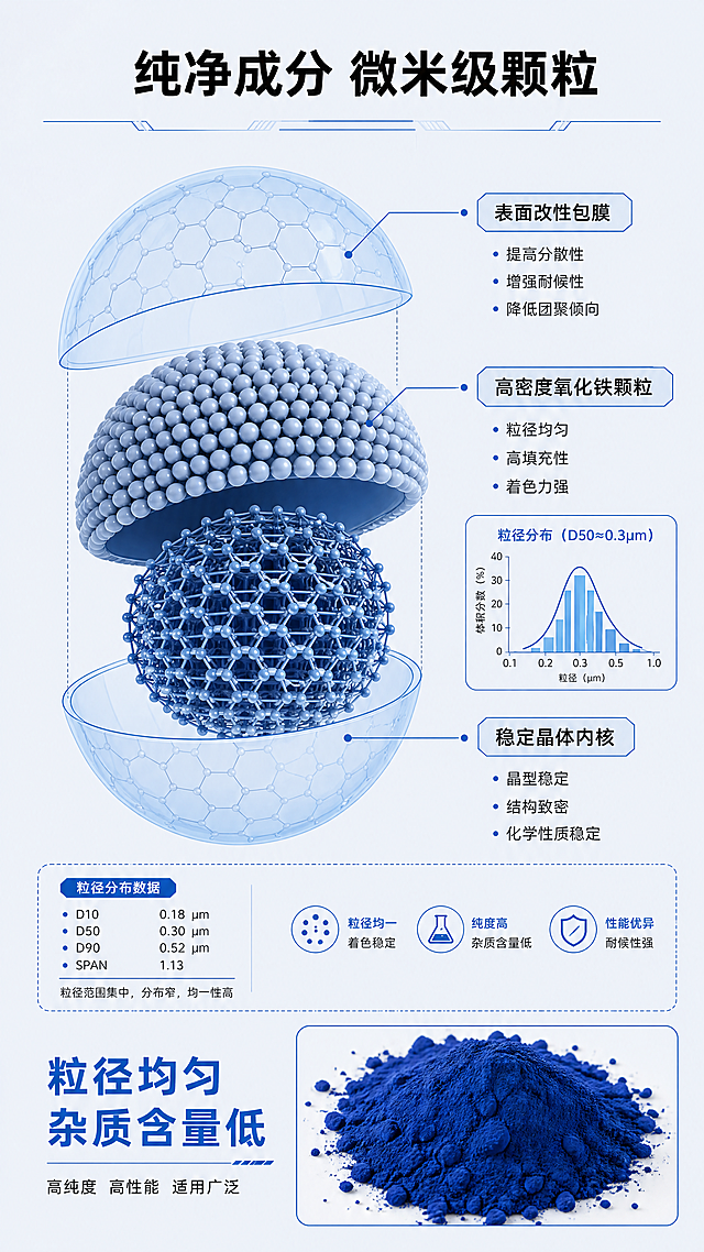 [第4屏] 氧化铁颜料成分结构解析页。[氛围/风格] 科技解析风，专业原理图风格，清晰直观，蓝灰配色简约高级。[元素布局] 页面顶部主标题「成分解析 纯净微米级」，中部放置分子层级结构示意图，展示氧化铁分子堆叠、颗粒粒径分布，底部右侧放置产品粉末样本图，左侧标注性能说明。示意图分为三层：外层包膜、中层颗粒、内层晶核，用不同灰度和蓝色线条标注区分，每个层级配文字说明。底部角落样本使用原图蓝色粉末小块展示，体现真实质感。[光影质感] 整体布光均匀，示意图线条清晰，层级分明，主体突出，没有强烈阴影，保持原理图专业可读性。[配色色系] 全局底色：#f0f4f8（浅蓝灰）；线条轮廓：#0066cc（蓝色）；文字：#222222；层级标注：浅蓝填充+蓝色边框。[视角构图] 平面纵向排版，从上到下：标题→示意图→说明文字，层级清晰，符合移动端阅读顺序，结构示意图占据画面中心主要位置。[文字版式] 顶部主标题「纯净成分 微米级颗粒」，黑色加粗居中；三个层级标注文字分别为「表面改性包膜」「高密度氧化铁颗粒」「稳定晶体内核」，每个标注对应示意图层级，文字清晰不重叠；底部左侧说明文字「粒径均匀 杂质含量低」，加粗蓝色重点标注。[比例分辨率] 9:16竖版比例，4K分辨率，文字清晰可辨，超高清。[负向提示词] 示意图扭曲，文字重叠，颜色偏差，水印，背景杂乱，结构错误