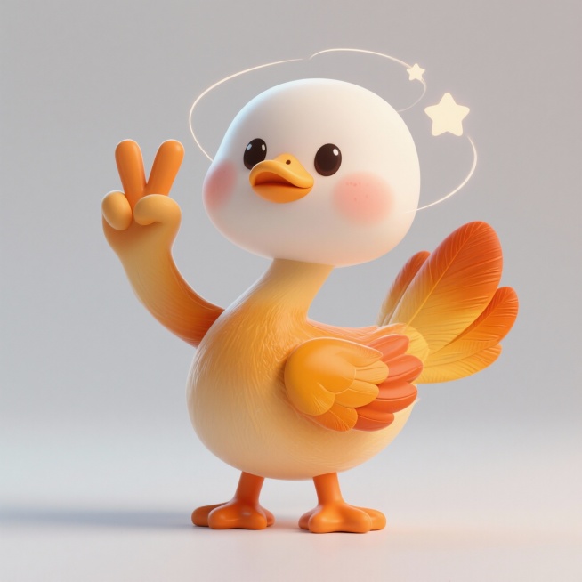 元气Q版卤鹅：橙黄渐变羽毛，举卤鹅腿比耶，动态线条配星星眼，适合零食包装年轻化预览效果