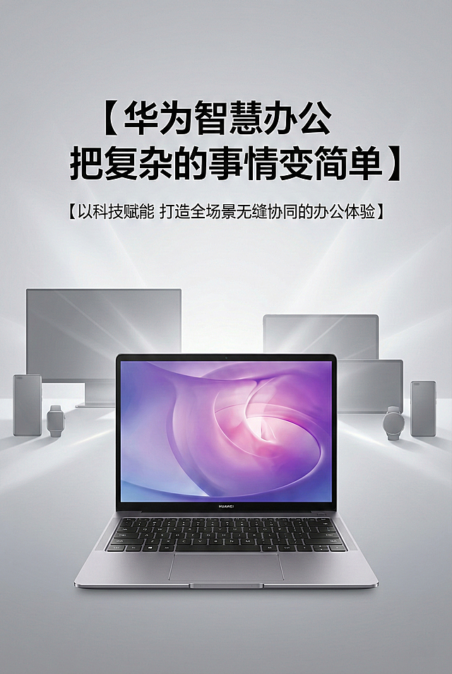 2:3竖版电商详情图，杂志级精致排版，与整体统一极简商务科技风，色调统一，所有中文文字使用统一的极简无衬线字体，格式规范统一。画面背景为极简高级的浅灰渐变背景，搭配全场景智慧办公设备的剪影光影，画面下半部分放置严格还原上传的华为轻薄笔记本产品主体，严格还原上传的产品图，包括包装设计、颜色、LOGO位置、文字内容、图案元素等所有细节，产品外观必须与参考图完全一致，不得改变包装设计、配色方案或品牌元素，保持产品的真实金属哑光质感。画面上半部分居中放置加粗主标题【华为智慧办公 把复杂的事情变简单】，主标题下方放置细体副标题【以科技赋能 打造全场景无缝协同的办公体验】，整体画面氛围感拉满，传递品牌理念，高级感强，8K超高清，排版极简精致，无冗余元素。