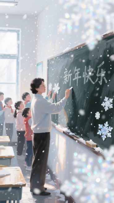 老师在黑板上写“新年快乐”，学生在老师身后贴“雪花形状的贴纸”，窗外在飘雪，色调为浅白色。预览效果