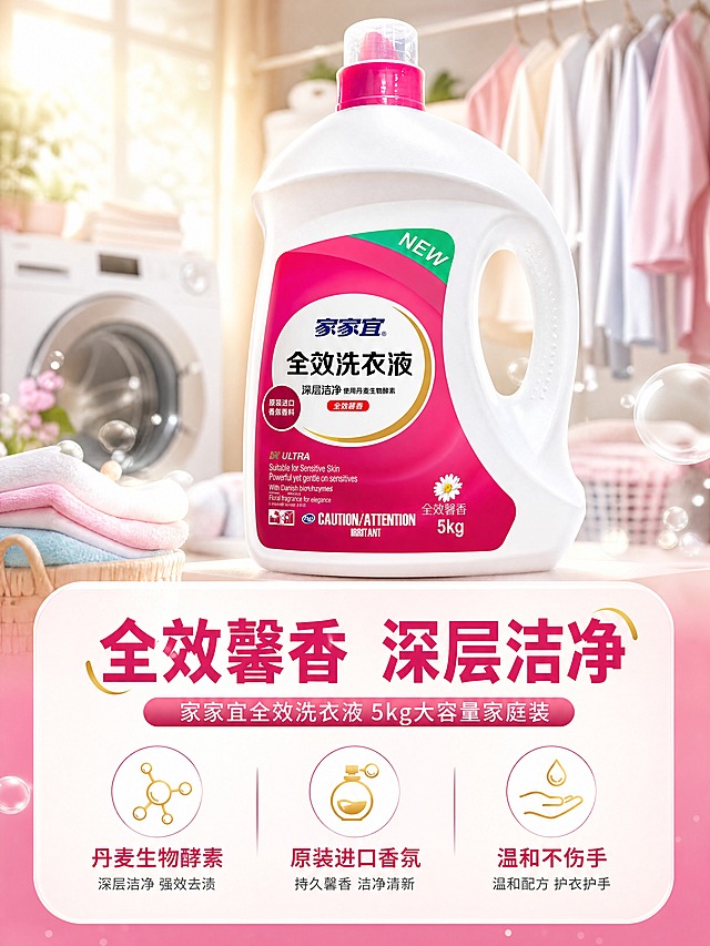 [商品] 使用【图1】家家宜全效洗衣液5kg瓶装；保留白色瓶身、玫红色标签、家家宜Logo、全效洗衣液字样、NEW标识、5kg容量标注、雏菊图案、原装进口香氛香料标识、丹麦生物酵素字样、瓶身把手和透明瓶盖结构；商品处理：清晰化瓶身标签文字，增强瓶身塑料质感与光泽，去除原图背景中的办公室环境、绿植和椅子。
[画面] 目标：头图海报，突出大容量家庭装与全效馨香核心卖点。构图：上下分栏，上半部分产品居中偏右，占画面55%，瓶身略微仰视角度；下半部分信息区。景别：全景。前中后景：前景柔和光斑，中景洗衣液瓶身，背景明亮温馨的家庭洗衣房场景，虚化的洗衣机、晾晒的衣物、阳光从窗户洒入。阅读动线：从上到下，先看产品再看卖点。
[视觉] 套系策略：风格=清新洁净家庭商业摄影风；标题字=粗黑体大字；正文字=简洁黑体；主色=玫红+白色；背景延展=基于玫红和白色做深浅渐变、柔和光晕和洁净泡沫质感；强调色=浅金色，仅用于小面积图标、引线和高光标签；标题色=深玫红；正文色=深灰色；组件=圆角白色信息卡、细线引线、水滴/泡沫装饰元素；光影=左前侧暖柔光，明亮通透，瓶身有自然高光。
[文字] 顶部主标题："全效馨香 深层洁净"，副标题："家家宜全效洗衣液 5kg大容量家庭装"；下方3个卖点图标+文字："丹麦生物酵素"、"原装进口香氛"、"温和不伤手"；文字区位于画面下半部分，白色圆角卡片承载，不遮挡瓶身主体和标签。
[规格] 图片比例3:4竖版，4K，避免变形、错字、文字过小、冷蓝灰背景、瓶身颜色改变、标签文字错乱、办公室背景残留。