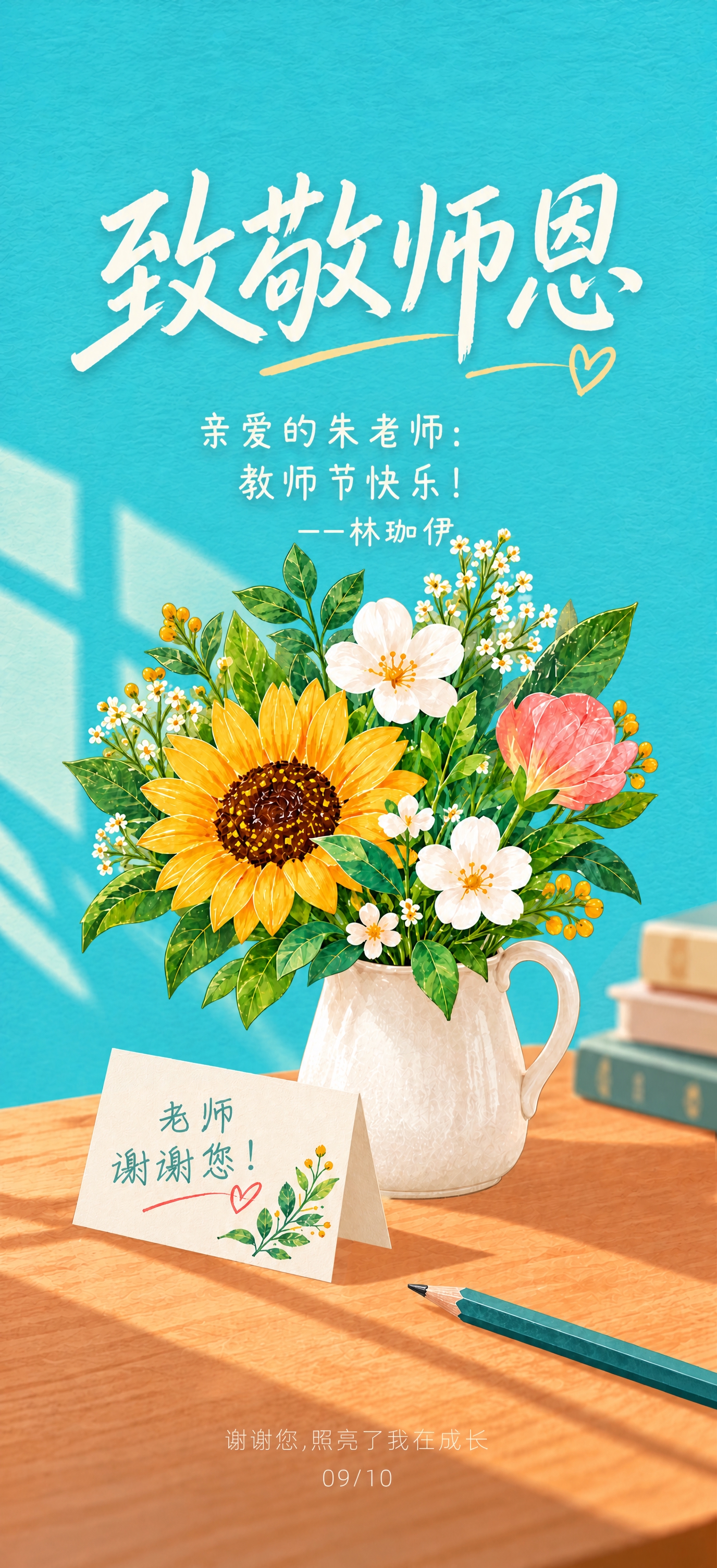 基于这张教师节海报图片进行修改，保持整体插画风格、构图、花束、… - 图片创意预览