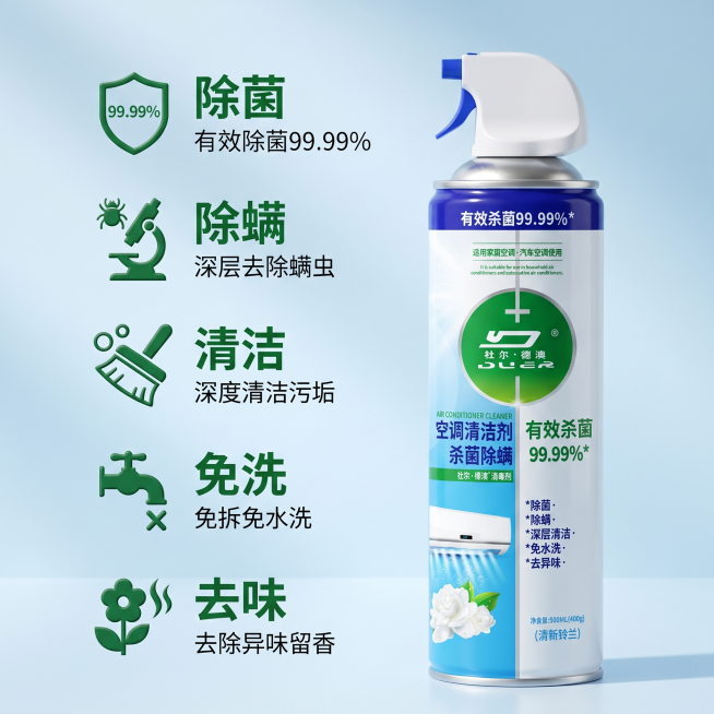 [主图 2] 核心卖点展示图，突出产品功能效果。
[氛围风格] 清新干净的日用家居风格，明亮通透；
[画质] 商业摄影质感，光线柔和通透，产品清晰真实，画面干净高级。
[元素] 杜尔德澳空调清洁剂产品预览效果