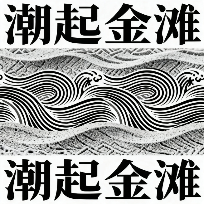 黑白设计图案，主题《潮起金滩》，融合广西京族传统海浪纹与北海金滩沙滩纹理，采用重复几何构图，线条粗细变化表现潮水韵律，传统纹样装饰设计，纯黑白配色预览效果