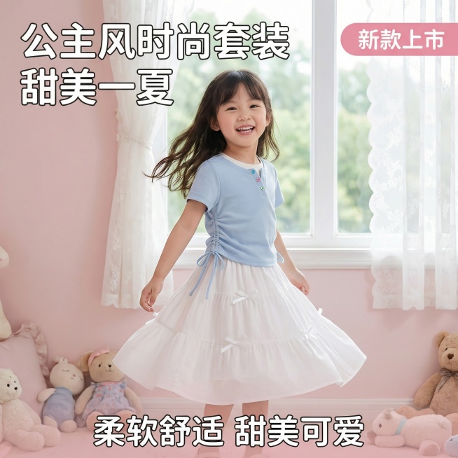 女童蓝白公主风短袖+半裙套装主图1：场景展示首图，公主风时尚氛围，自然光柔和漫射，亚洲面孔小女孩模特身着该套装，在粉色梦幻公主房内开心旋转，背景为浅粉色墙面、白色蕾丝窗帘，散落着毛绒玩偶，光影细腻柔和预览效果