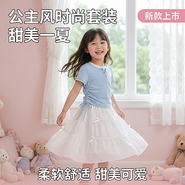女童蓝白公主风短袖+半裙套装主图1：场景展示首图，公主风时尚氛围，自然光柔和漫射，亚洲面孔小女孩模特身着该套装，在粉色梦幻公主房内开心旋转，背景为浅粉色墙面、白色蕾丝窗帘，散落着毛绒玩偶，光影细腻柔和。产品外观与原图100%一致，主体占比60%。配色主色调：浅蓝色、白色，辅助色：浅粉色、暖黄色。平视视角，景深适中。文字版式：左上角主标题“公主风时尚套装”，副标题“甜美一夏”，右上角粉色圆角标签“新款上市”，底部悬浮文字“柔软舒适 甜美可爱”，字体为圆润无衬线体，白色字，不遮挡产品和模特面部。1:1比例，2k分辨率。