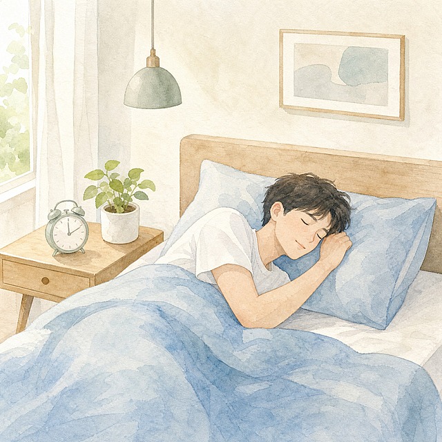 水彩手绘插画，年轻男士躺在床上安稳睡觉，神态放松，床头旁放着简约闹钟和一小盆绿植，简约温馨卧室，柔和浅色调低饱和配色，画面干净，无文字，健康科普小插画风格