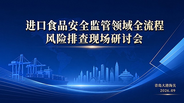 PPT封面设计，正式商务会议风格。画面中央上方是大标题文字"进口食品安全监管领域全流程风险排查现场研讨会"，右下角有落款文字"青岛大港海关 2026.09"。深蓝色渐变背景，搭配几何线条和抽象图形装饰，整体庄重大气，专业严谨，适合作为政府部门会议PPT封面，高清质感
